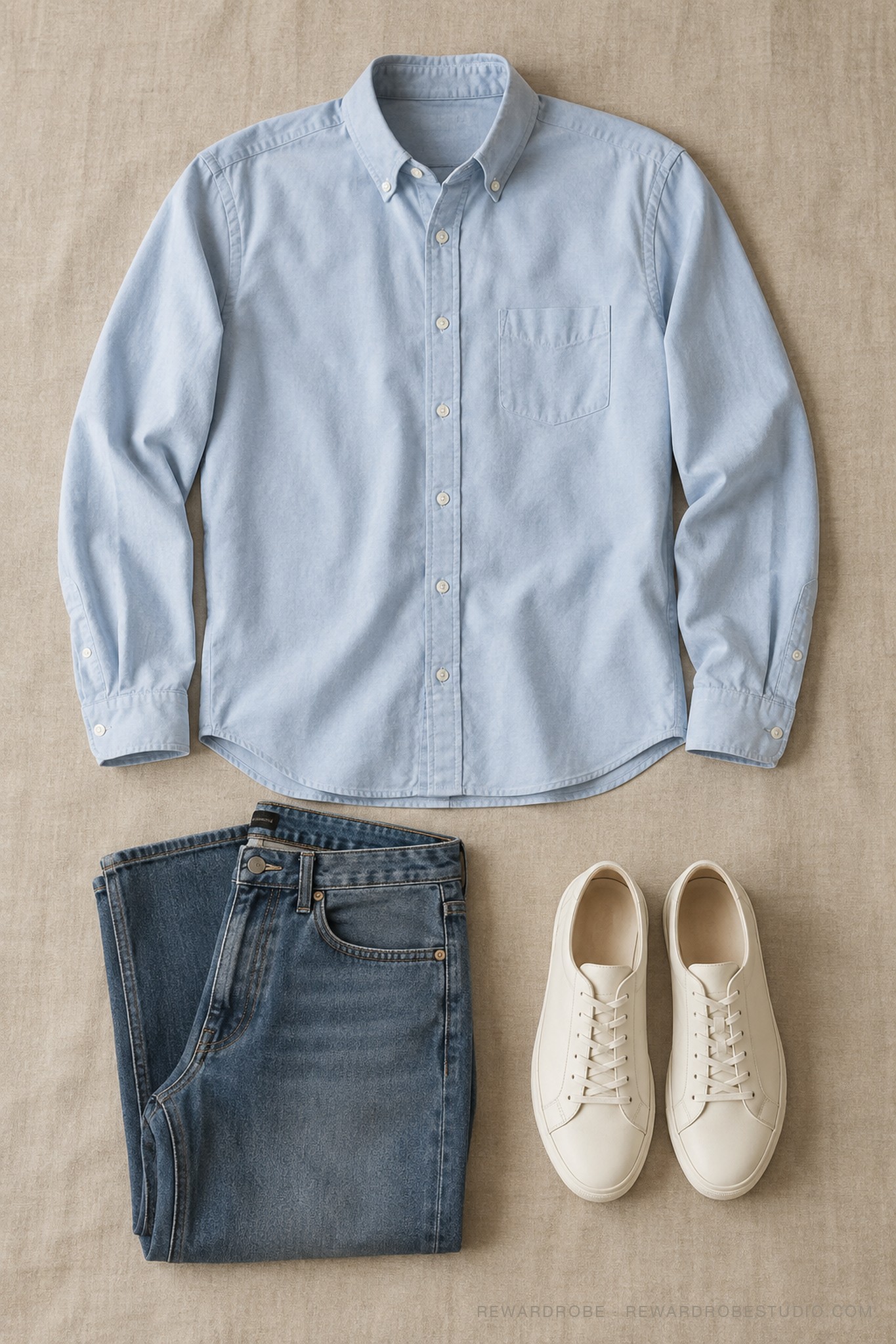 flat-lay of a pale-blue Oxford shirt, washed-indigo jeans and off-white sneakers, Phase 1