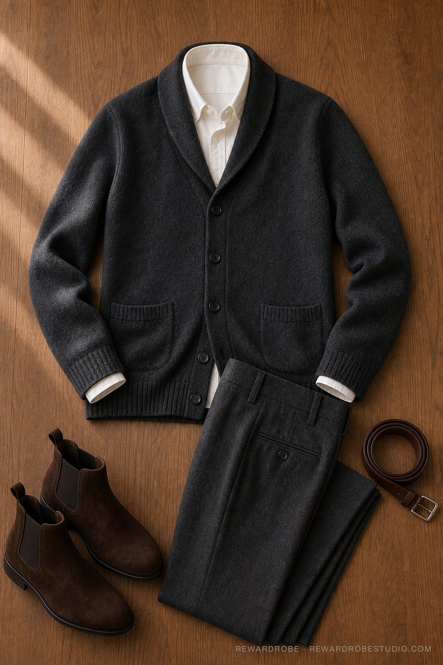 A men's winter flat lay — charcoal shawl cardigan, white oxford shirt and charcoal flannel trousers