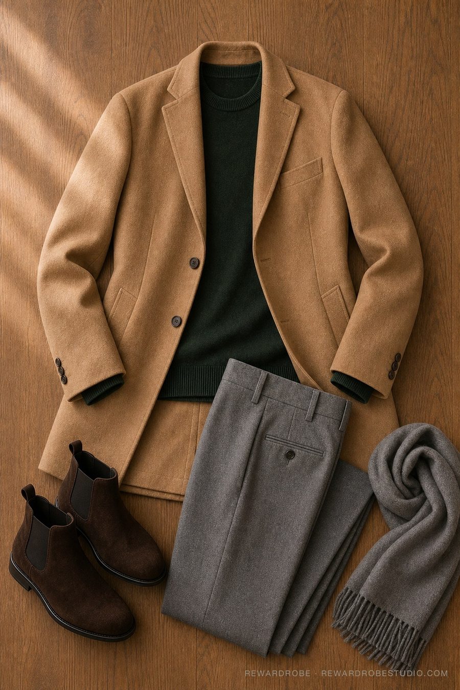 A men's winter outfit flat lay — Camel overcoat · Forest crew · Grey flannel