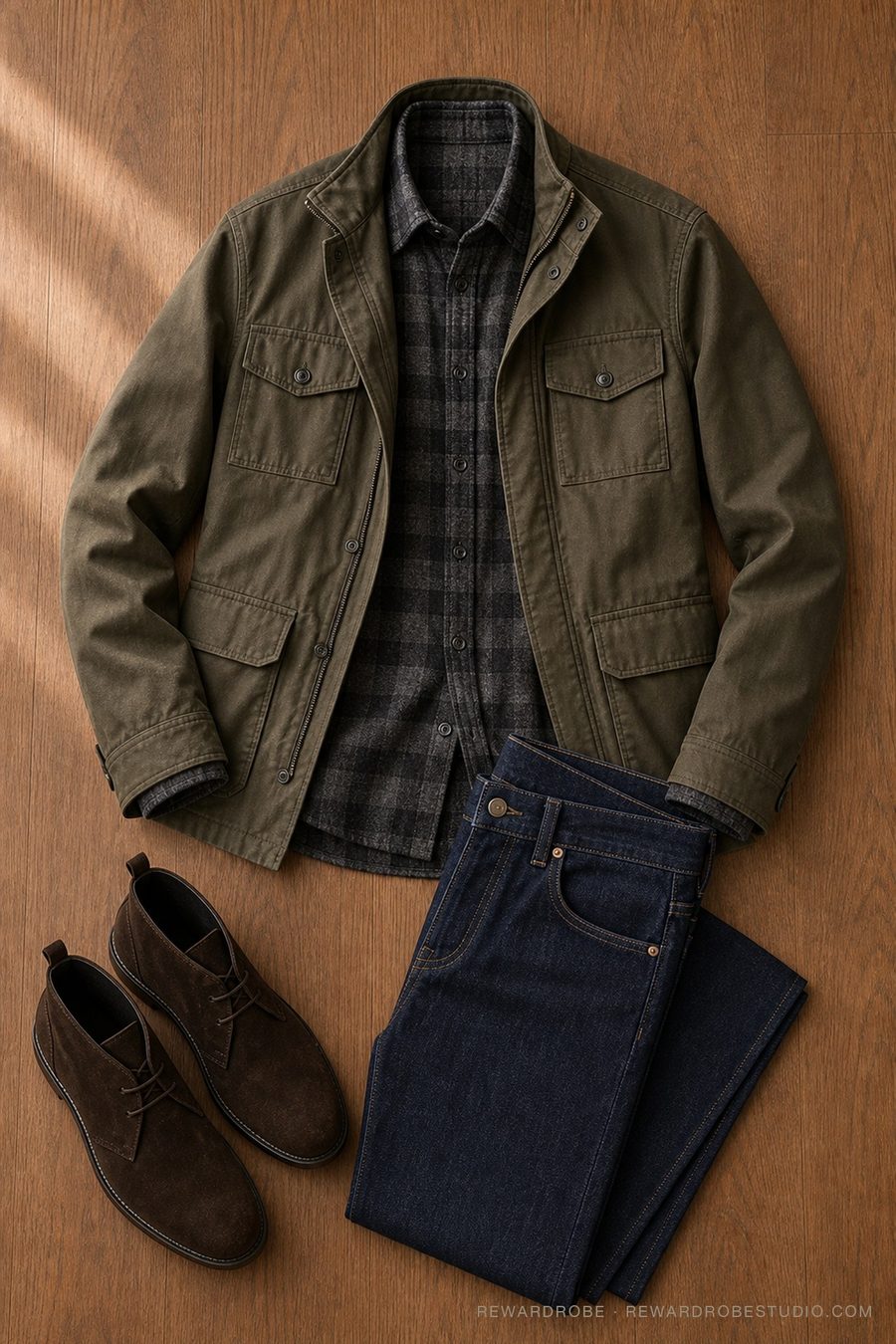 A men's winter outfit flat lay — Olive field jacket · Check flannel · Indigo denim