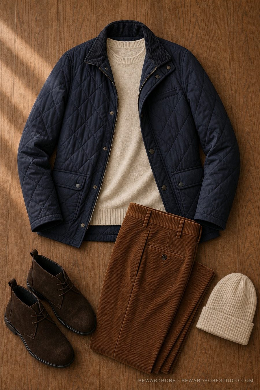 A men's winter outfit flat lay — Navy quilted jacket · Oatmeal crew · Tobacco cord