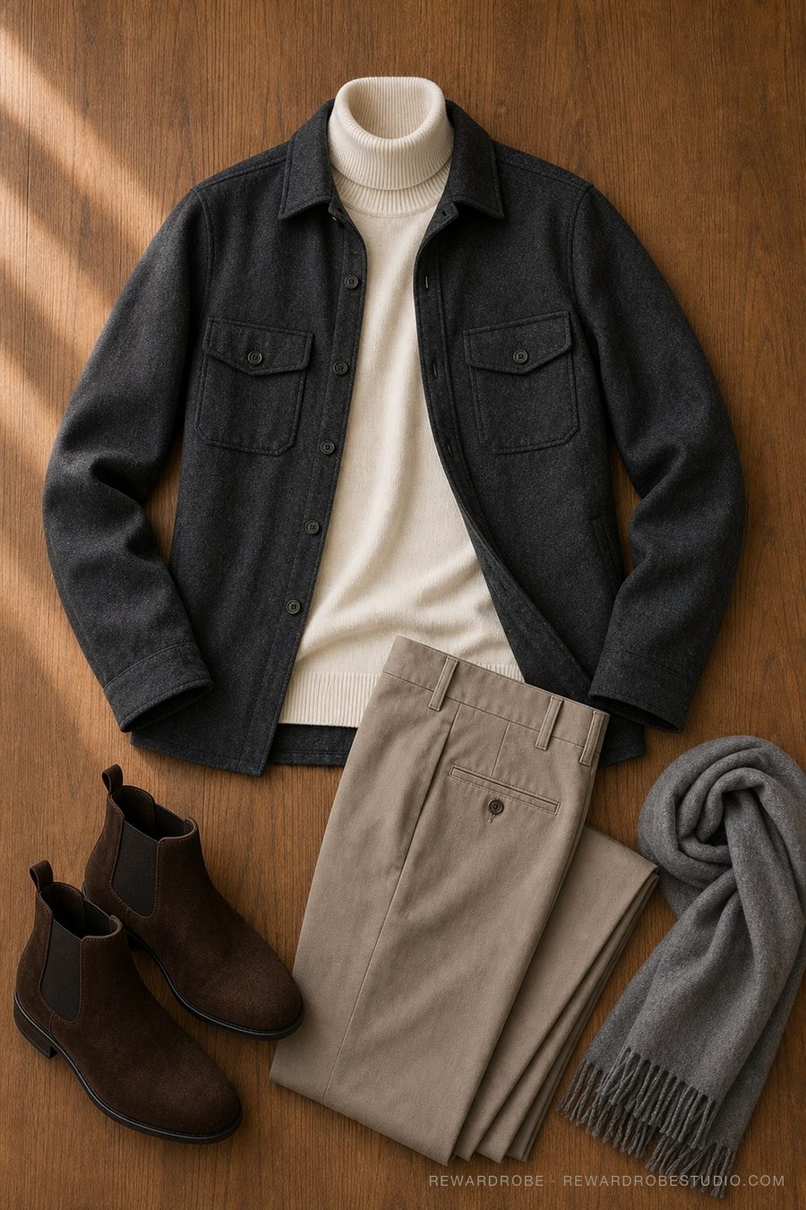 A men's winter outfit flat lay — Charcoal overshirt · Cream rollneck · Stone chino